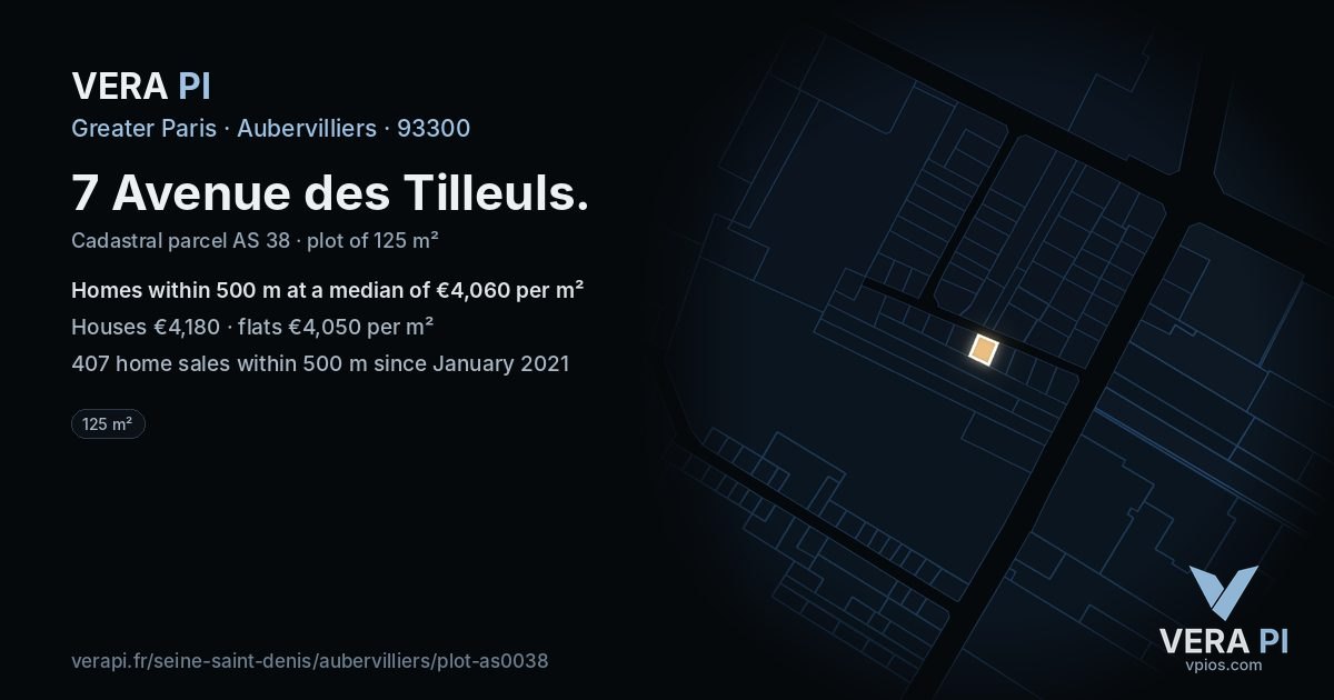 7 Avenue des Tilleuls, Aubervilliers at night – the plot lit, the parcels around coloured by the prices near them