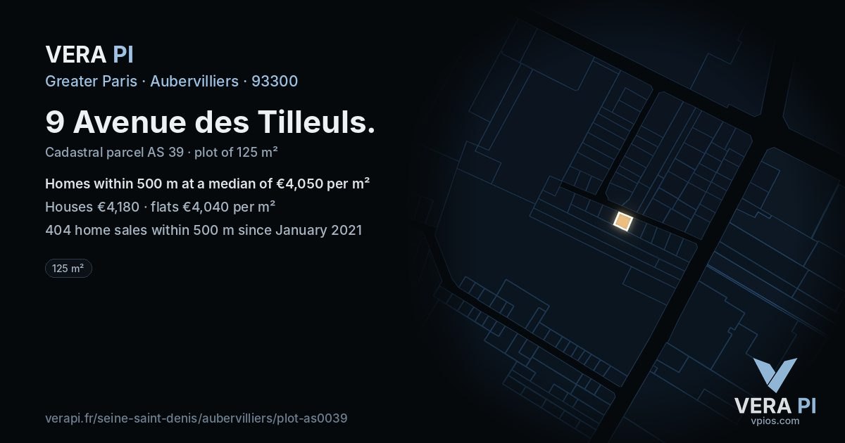 9 Avenue des Tilleuls, Aubervilliers at night – the plot lit, the parcels around coloured by the prices near them