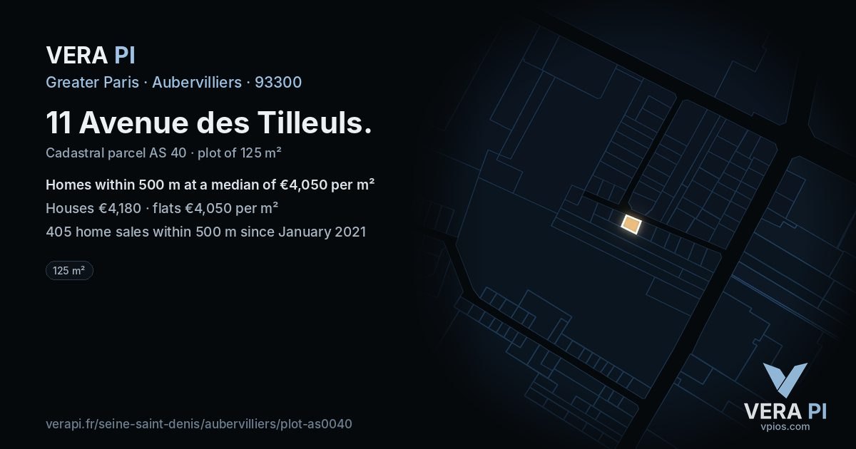 11 Avenue des Tilleuls, Aubervilliers at night – the plot lit, the parcels around coloured by the prices near them