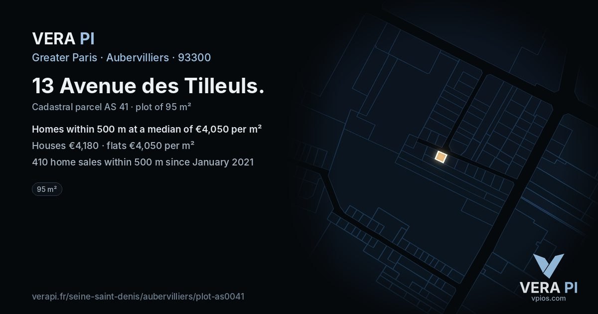 13 Avenue des Tilleuls, Aubervilliers at night – the plot lit, the parcels around coloured by the prices near them