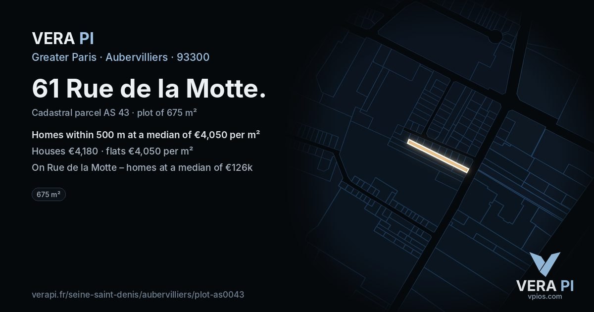 61 Rue de la Motte, Aubervilliers at night – the plot lit, the parcels around coloured by the prices near them