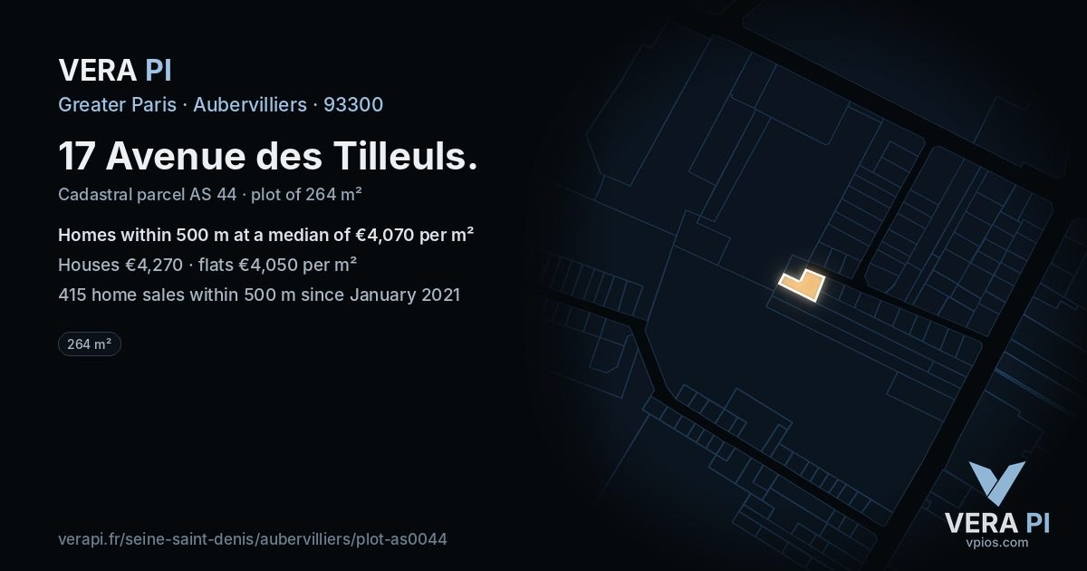 17 Avenue des Tilleuls, Aubervilliers at night – the plot lit, the parcels around coloured by the prices near them