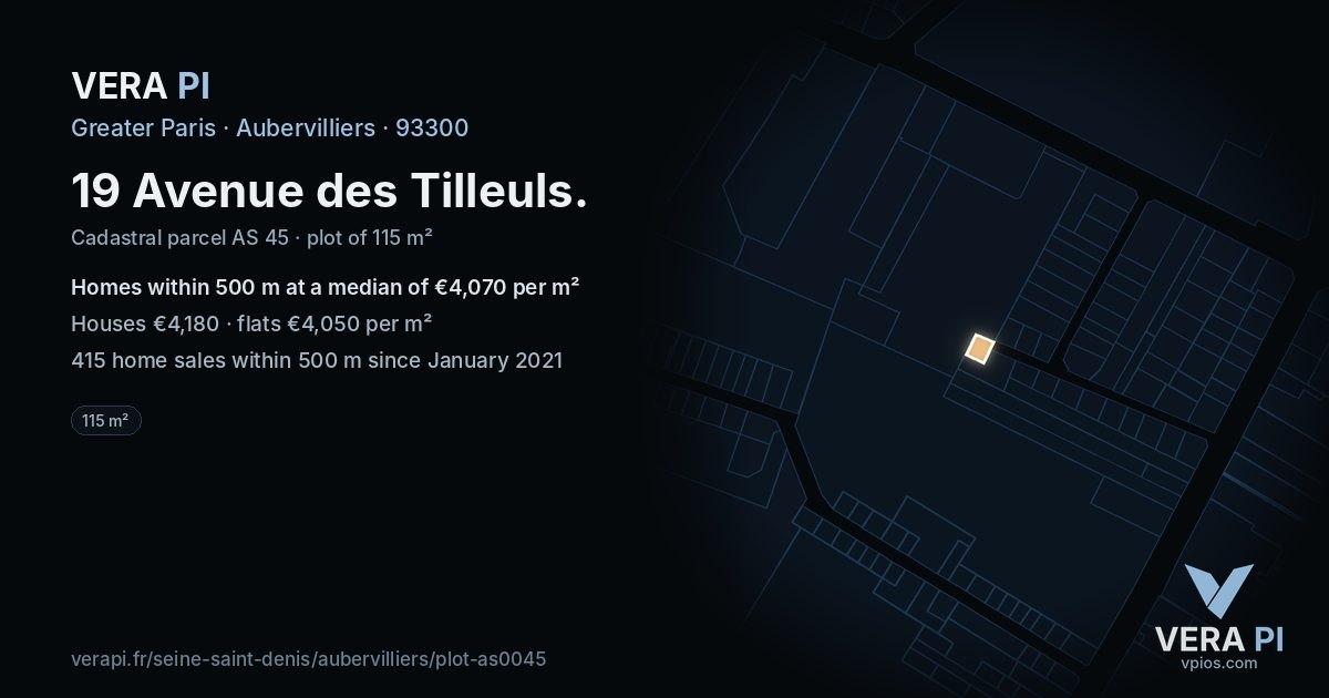 19 Avenue des Tilleuls, Aubervilliers at night – the plot lit, the parcels around coloured by the prices near them