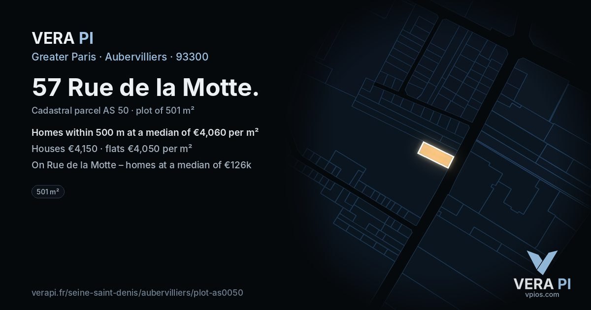 57 Rue de la Motte, Aubervilliers at night – the plot lit, the parcels around coloured by the prices near them