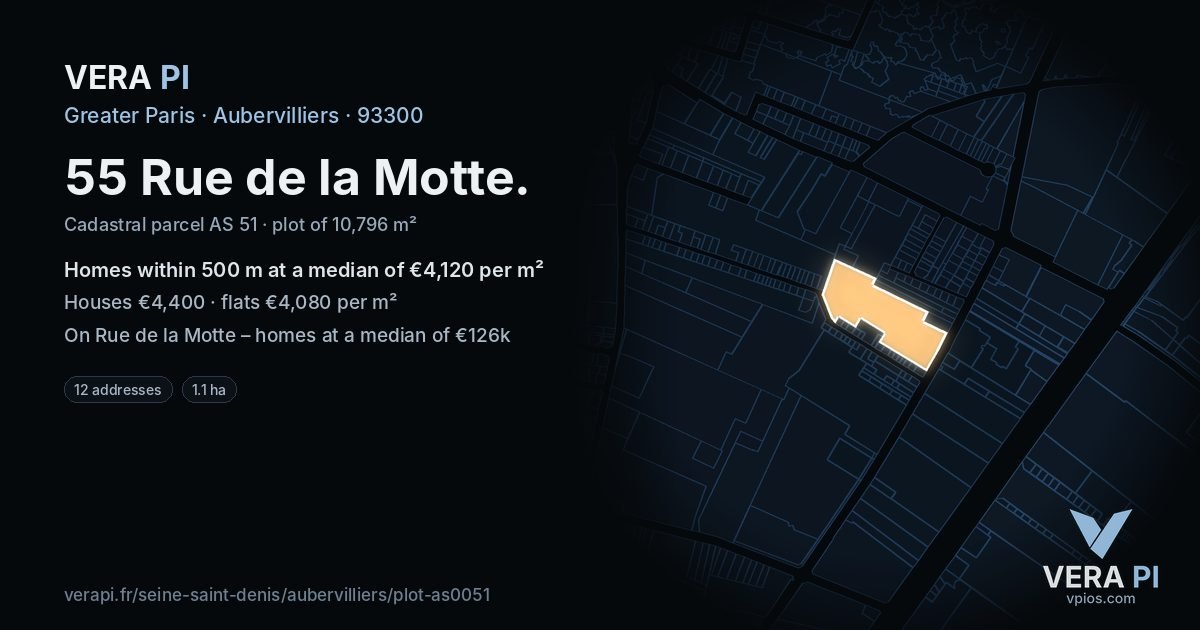 55 Rue de la Motte, Aubervilliers at night – the plot lit, the parcels around coloured by the prices near them