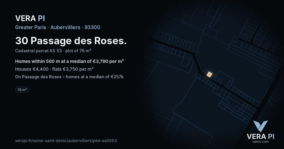 30 Passage des Roses, Aubervilliers at night – the plot lit, the parcels around coloured by the prices near them
