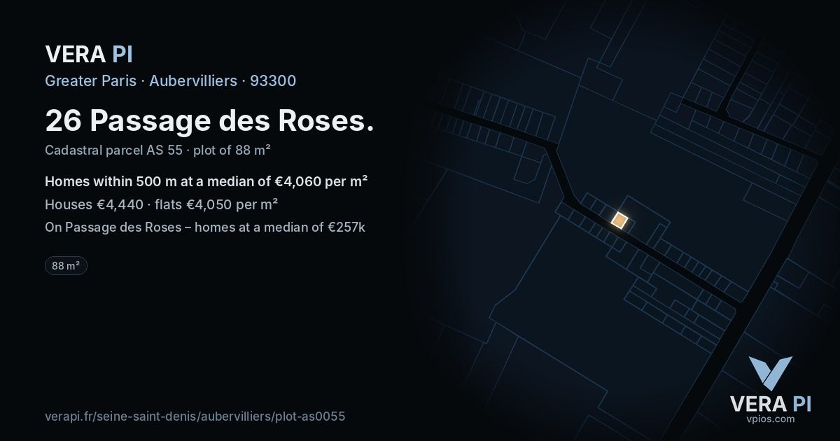 26 Passage des Roses, Aubervilliers at night – the plot lit, the parcels around coloured by the prices near them