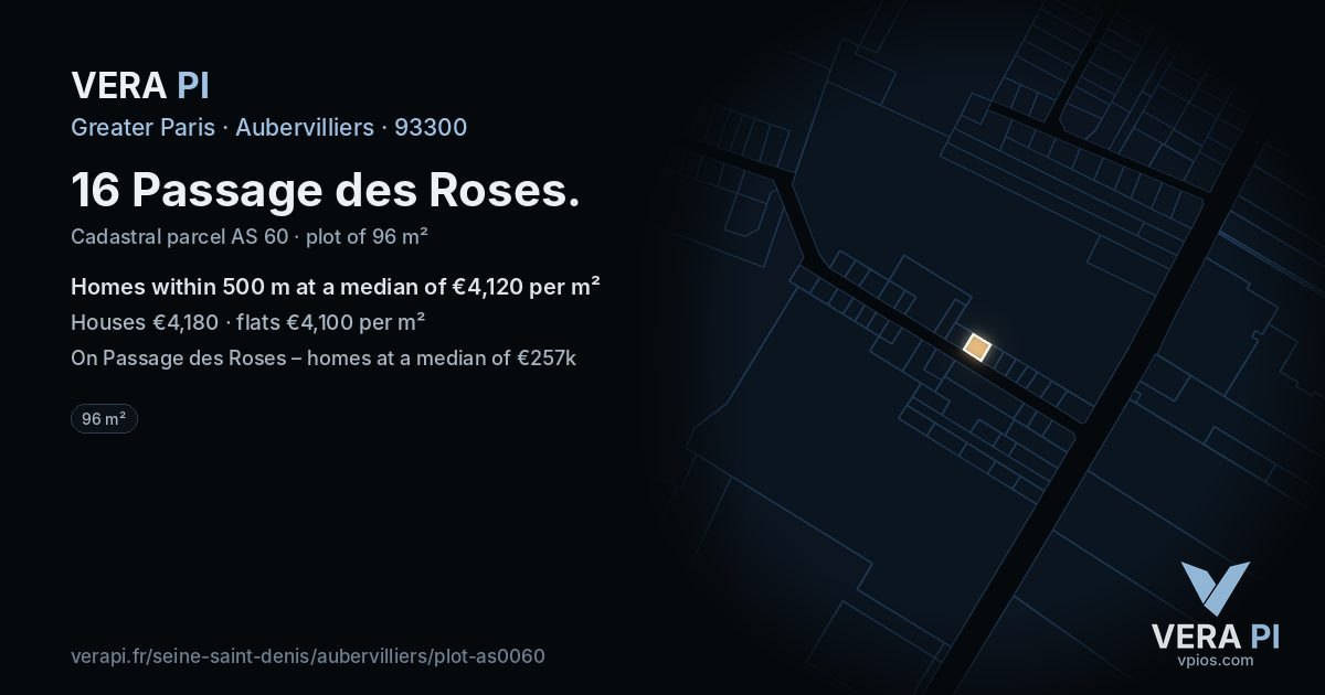16 Passage des Roses, Aubervilliers at night – the plot lit, the parcels around coloured by the prices near them