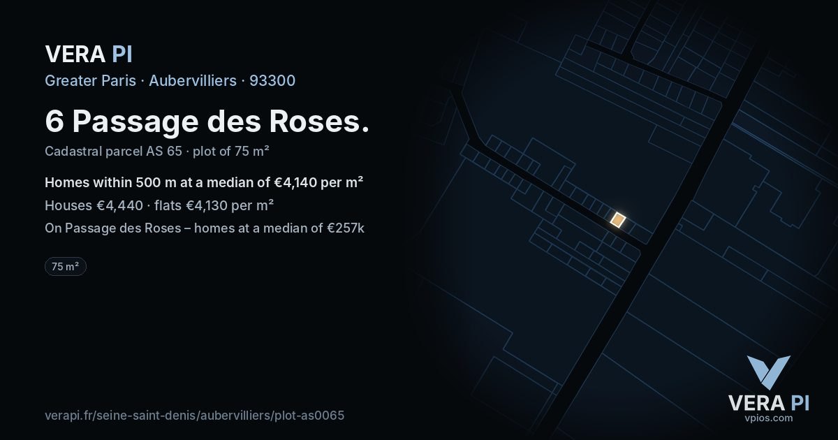 6 Passage des Roses, Aubervilliers at night – the plot lit, the parcels around coloured by the prices near them