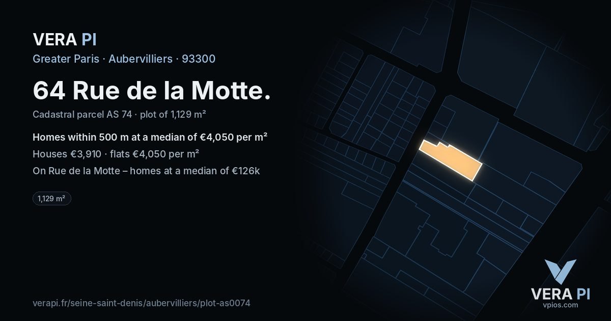64 Rue de la Motte, Aubervilliers at night – the plot lit, the parcels around coloured by the prices near them
