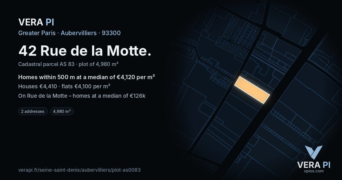 42 Rue de la Motte, Aubervilliers at night – the plot lit, the parcels around coloured by the prices near them