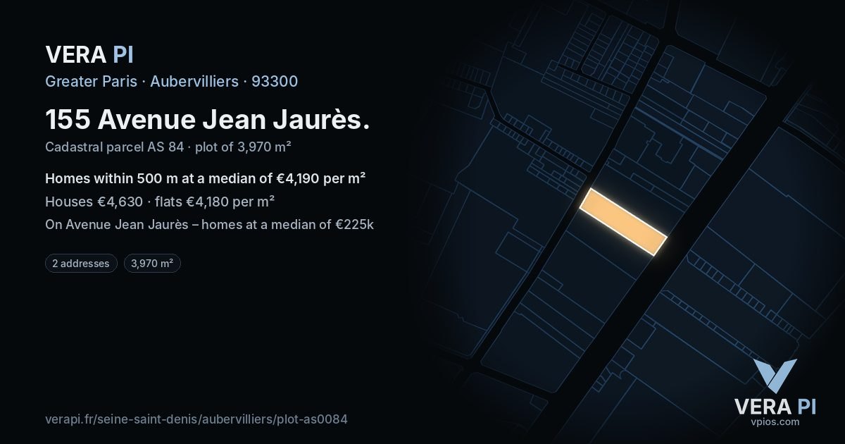 155 Avenue Jean Jaurès, Aubervilliers at night – the plot lit, the parcels around coloured by the prices near them