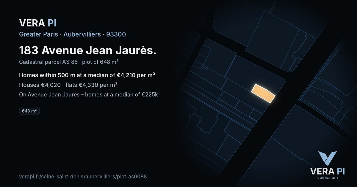 183 Avenue Jean Jaurès, Aubervilliers at night – the plot lit, the parcels around coloured by the prices near them