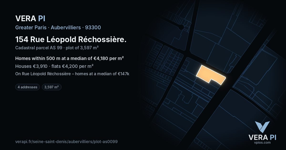 154 Rue Léopold Réchossière, Aubervilliers at night – the plot lit, the parcels around coloured by the prices near them