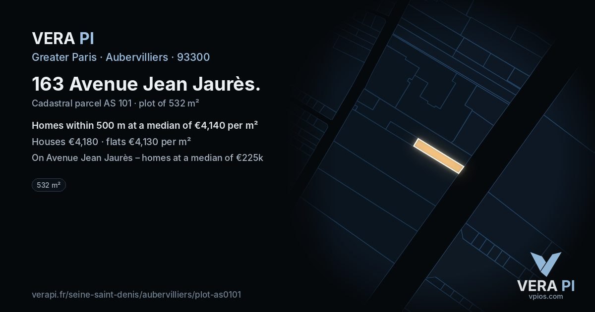 163 Avenue Jean Jaurès, Aubervilliers at night – the plot lit, the parcels around coloured by the prices near them