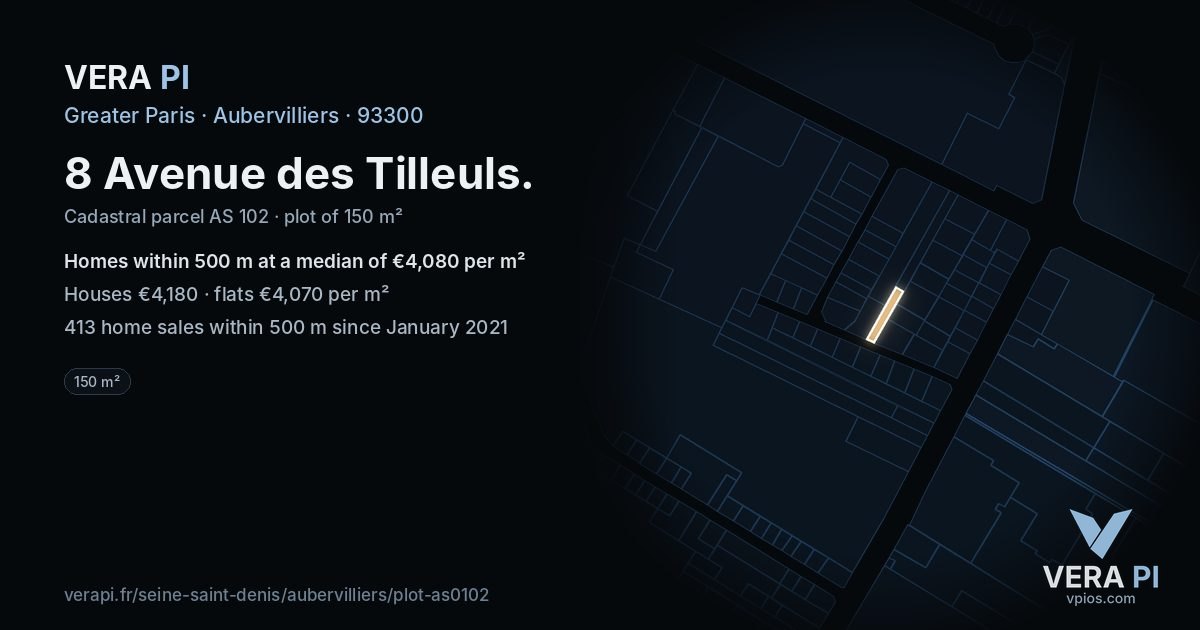 8 Avenue des Tilleuls, Aubervilliers at night – the plot lit, the parcels around coloured by the prices near them
