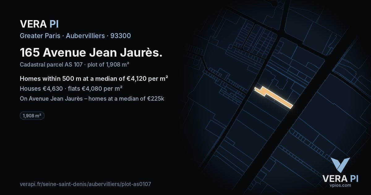 165 Avenue Jean Jaurès, Aubervilliers at night – the plot lit, the parcels around coloured by the prices near them