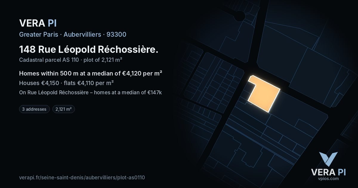 148 Rue Léopold Réchossière, Aubervilliers at night – the plot lit, the parcels around coloured by the prices near them