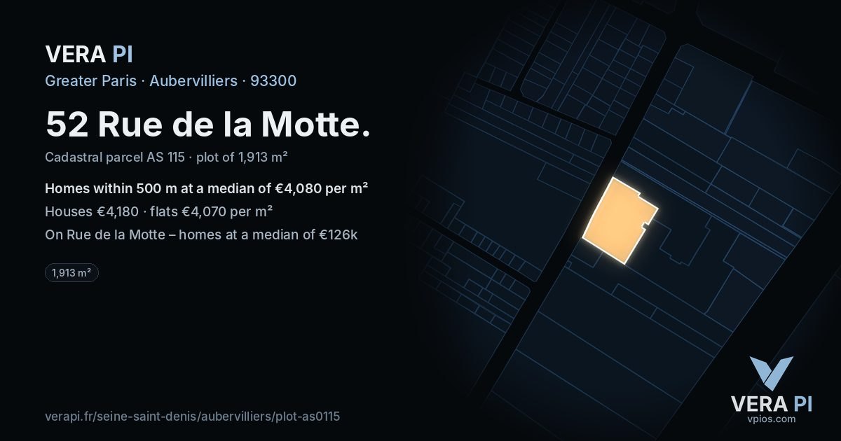 52 Rue de la Motte, Aubervilliers at night – the plot lit, the parcels around coloured by the prices near them