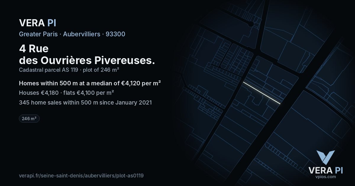 4 Rue des Ouvrières Pivereuses, Aubervilliers at night – the plot lit, the parcels around coloured by the prices near them