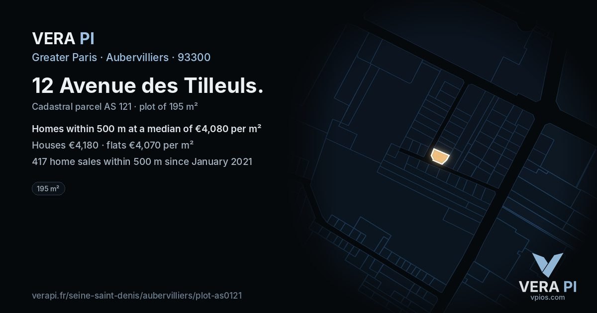 12 Avenue des Tilleuls, Aubervilliers at night – the plot lit, the parcels around coloured by the prices near them