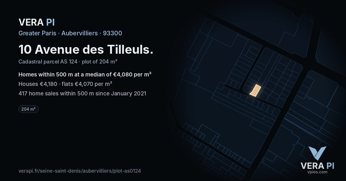 10 Avenue des Tilleuls, Aubervilliers at night – the plot lit, the parcels around coloured by the prices near them