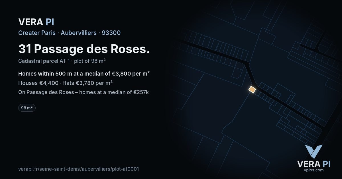 31 Passage des Roses, Aubervilliers at night – the plot lit, the parcels around coloured by the prices near them