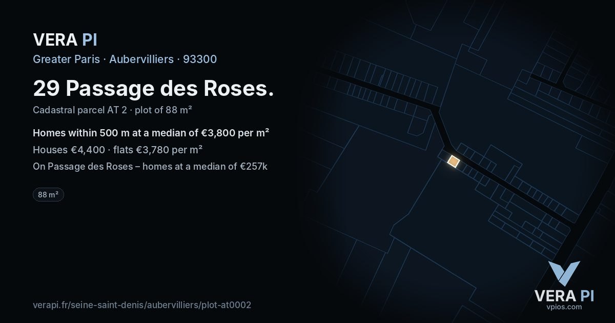29 Passage des Roses, Aubervilliers at night – the plot lit, the parcels around coloured by the prices near them