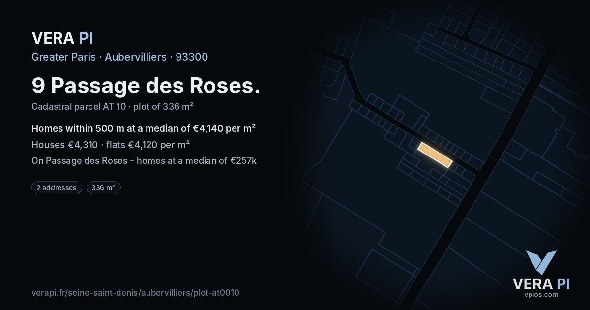 9 Passage des Roses, Aubervilliers at night – the plot lit, the parcels around coloured by the prices near them