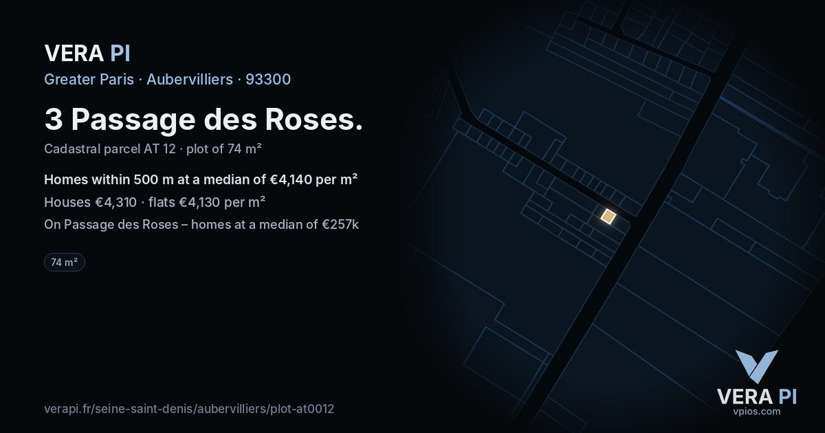 3 Passage des Roses, Aubervilliers at night – the plot lit, the parcels around coloured by the prices near them