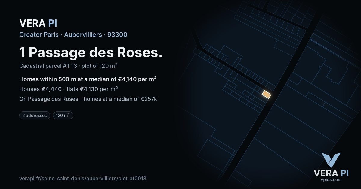 1 Passage des Roses, Aubervilliers at night – the plot lit, the parcels around coloured by the prices near them
