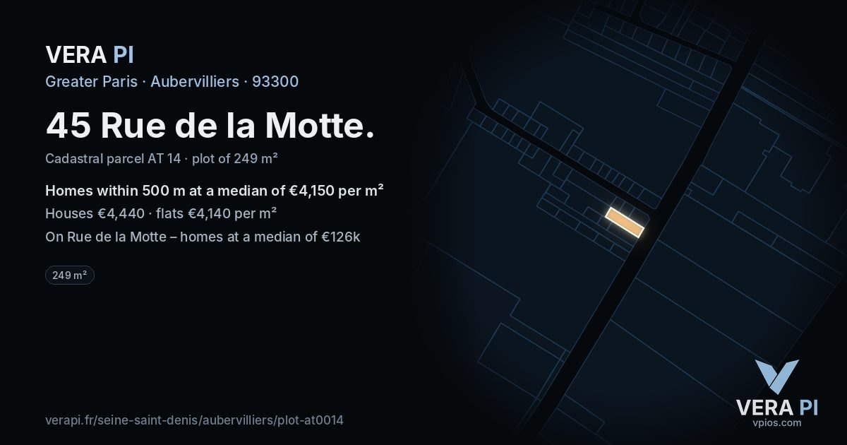 45 Rue de la Motte, Aubervilliers at night – the plot lit, the parcels around coloured by the prices near them