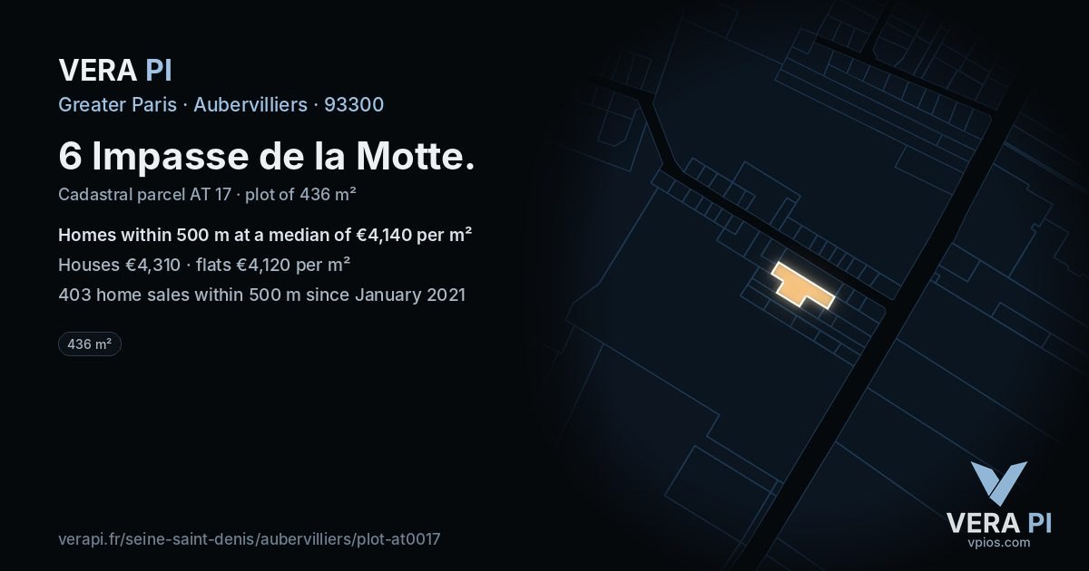 6 Impasse de la Motte, Aubervilliers at night – the plot lit, the parcels around coloured by the prices near them
