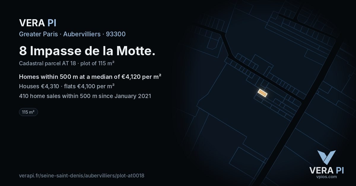8 Impasse de la Motte, Aubervilliers at night – the plot lit, the parcels around coloured by the prices near them