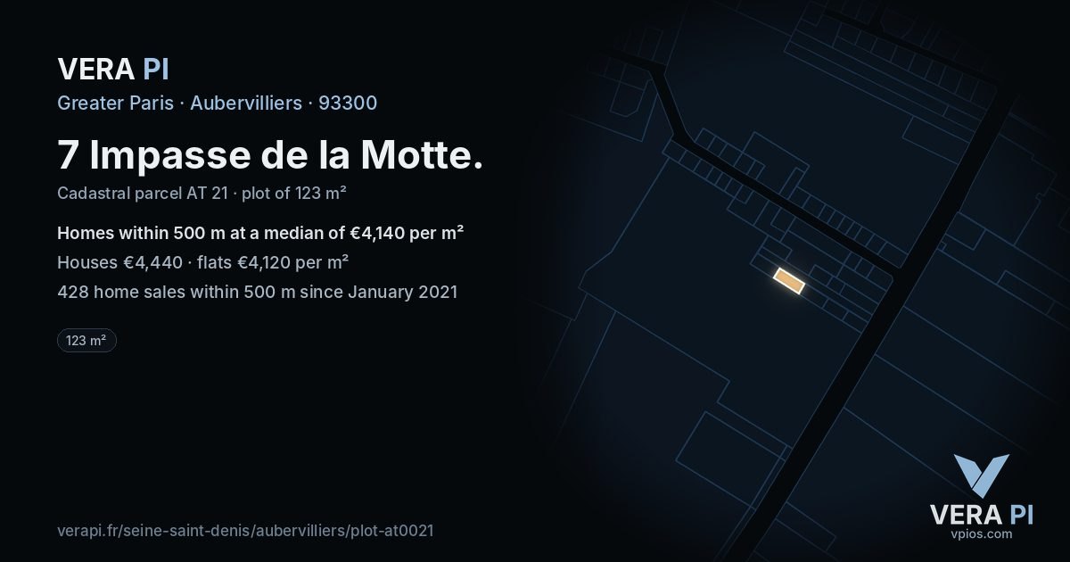 7 Impasse de la Motte, Aubervilliers at night – the plot lit, the parcels around coloured by the prices near them
