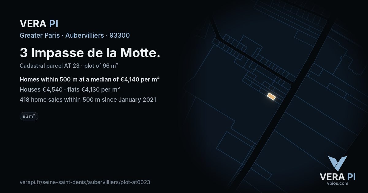3 Impasse de la Motte, Aubervilliers at night – the plot lit, the parcels around coloured by the prices near them