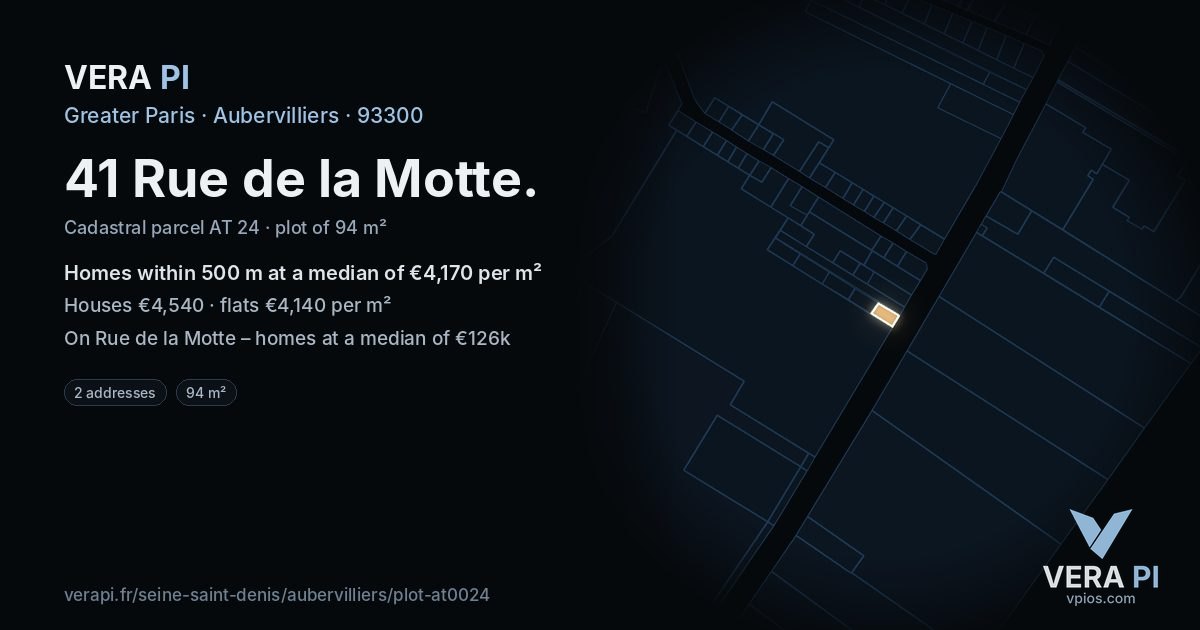 41 Rue de la Motte, Aubervilliers at night – the plot lit, the parcels around coloured by the prices near them