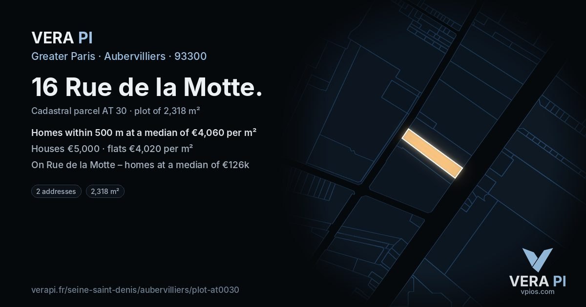 16 Rue de la Motte, Aubervilliers at night – the plot lit, the parcels around coloured by the prices near them