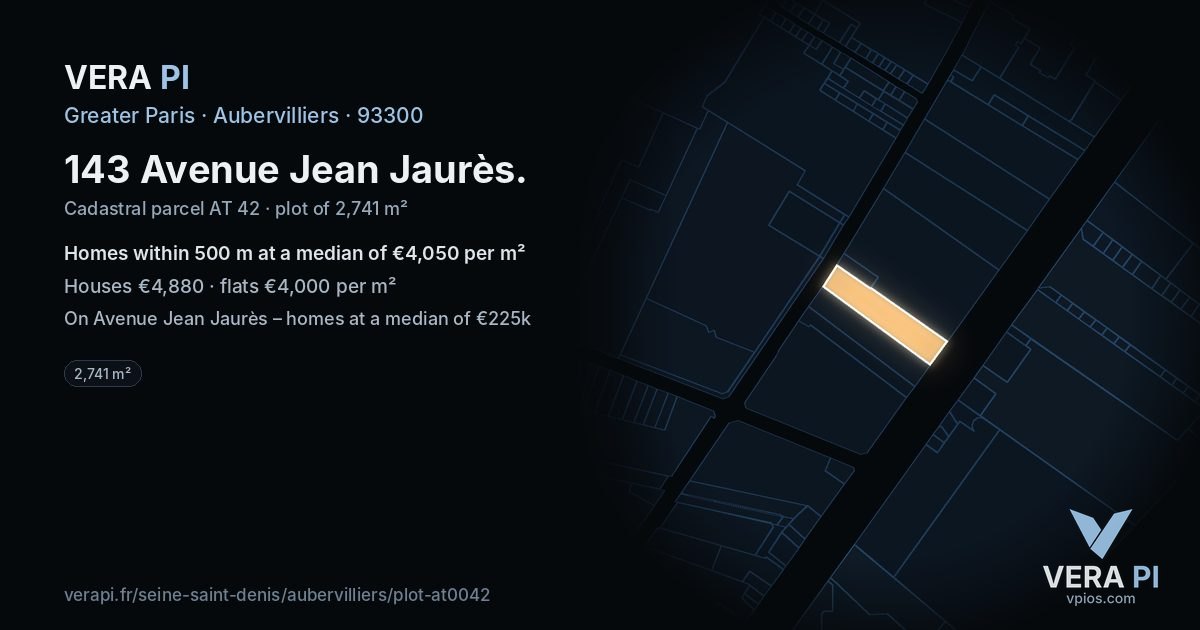 143 Avenue Jean Jaurès, Aubervilliers at night – the plot lit, the parcels around coloured by the prices near them