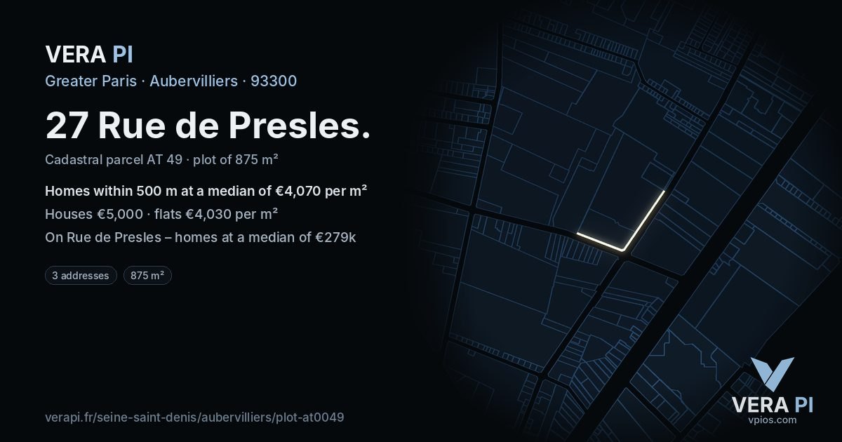 27 Rue de Presles, Aubervilliers at night – the plot lit, the parcels around coloured by the prices near them