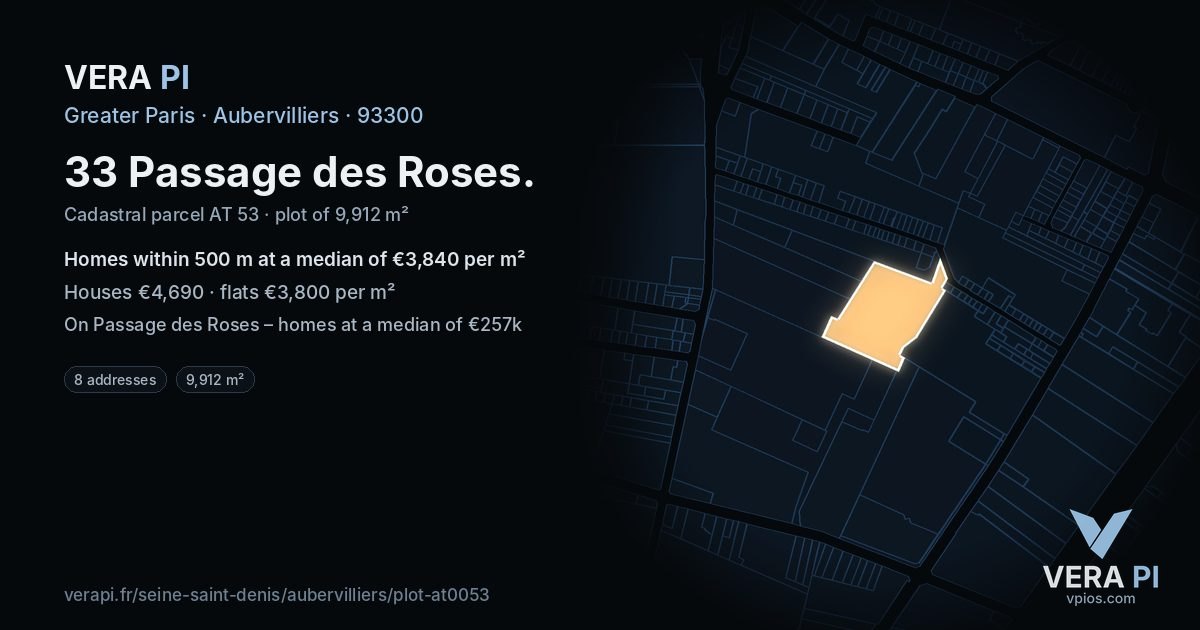 33 Passage des Roses, Aubervilliers at night – the plot lit, the parcels around coloured by the prices near them