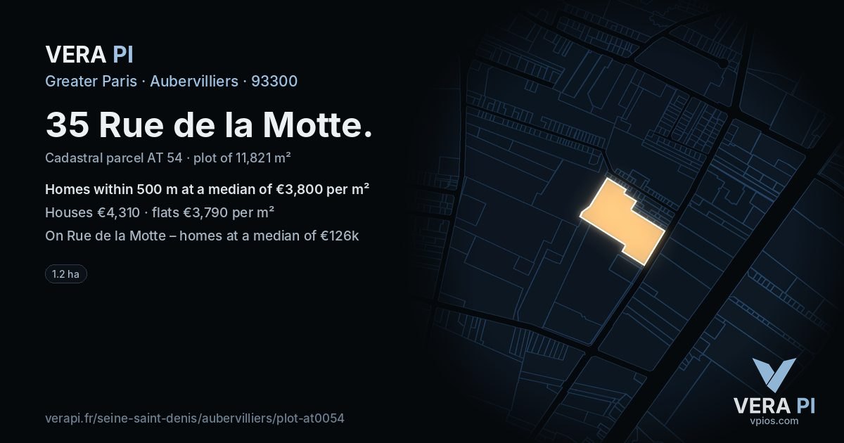 35 Rue de la Motte, Aubervilliers at night – the plot lit, the parcels around coloured by the prices near them