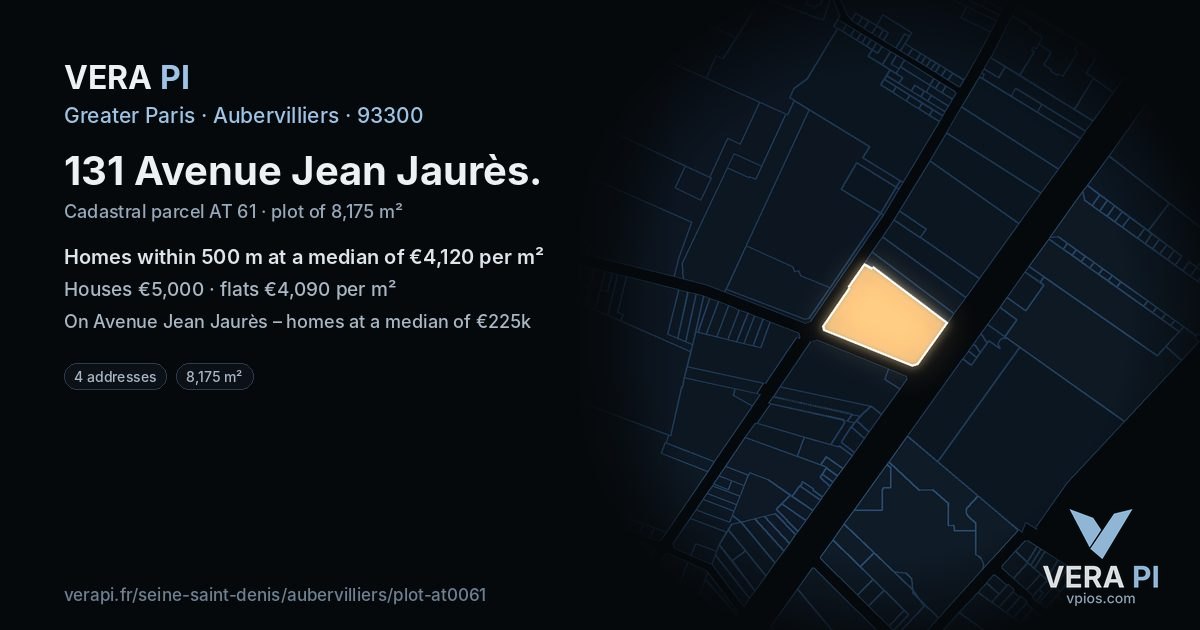 131 Avenue Jean Jaurès, Aubervilliers at night – the plot lit, the parcels around coloured by the prices near them