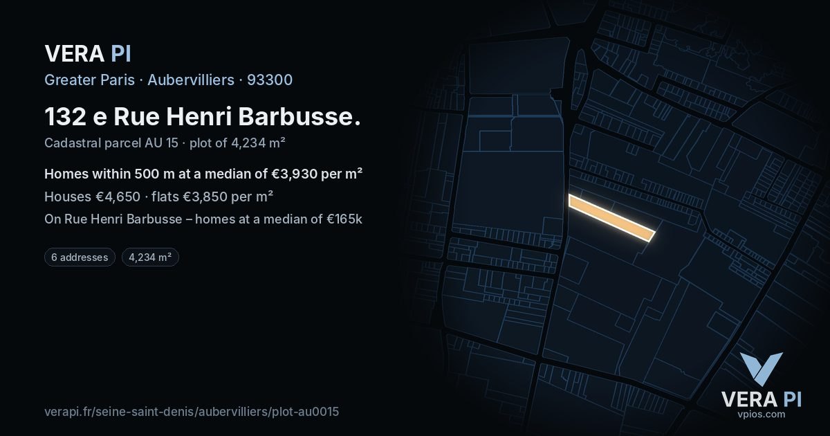 132 e Rue Henri Barbusse, Aubervilliers at night – the plot lit, the parcels around coloured by the prices near them