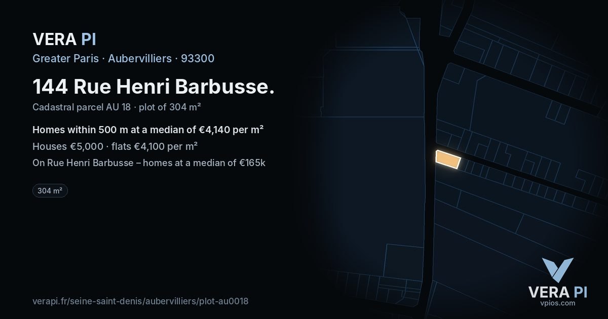 144 Rue Henri Barbusse, Aubervilliers at night – the plot lit, the parcels around coloured by the prices near them