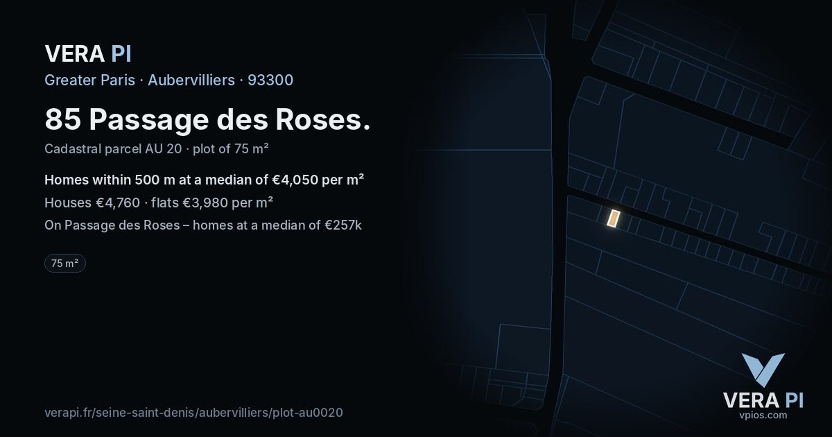 85 Passage des Roses, Aubervilliers at night – the plot lit, the parcels around coloured by the prices near them