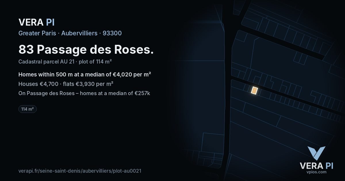 83 Passage des Roses, Aubervilliers at night – the plot lit, the parcels around coloured by the prices near them
