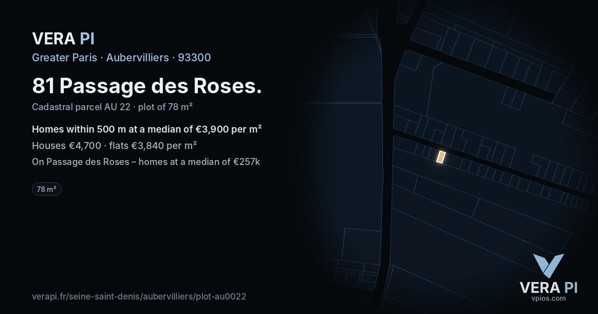 81 Passage des Roses, Aubervilliers at night – the plot lit, the parcels around coloured by the prices near them