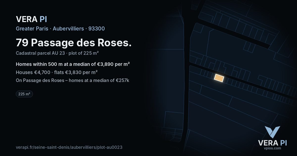 79 Passage des Roses, Aubervilliers at night – the plot lit, the parcels around coloured by the prices near them