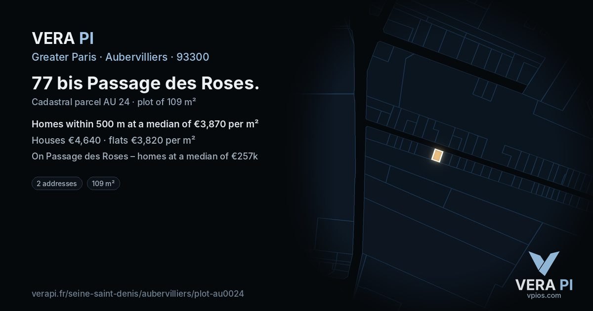 77 bis Passage des Roses, Aubervilliers at night – the plot lit, the parcels around coloured by the prices near them